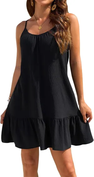 Womens Swimsuit Coverup Spaghetti Strap Backless Babydoll Short Ruffle Hem Dresses Summer Flowy Beach Sundress