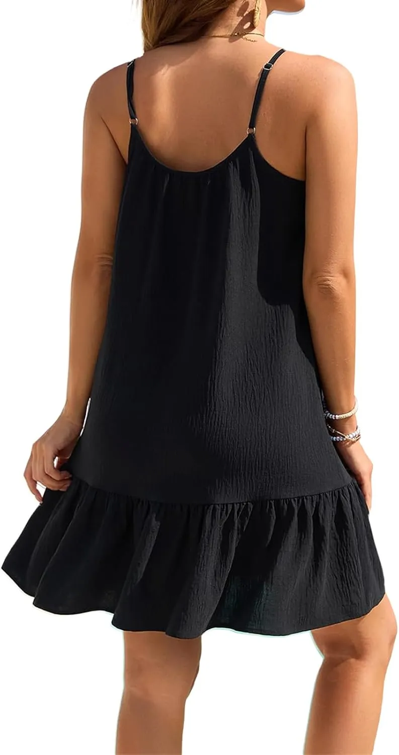 Womens Swimsuit Coverup Spaghetti Strap Backless Babydoll Short Ruffle Hem Dresses Summer Flowy Beach Sundress