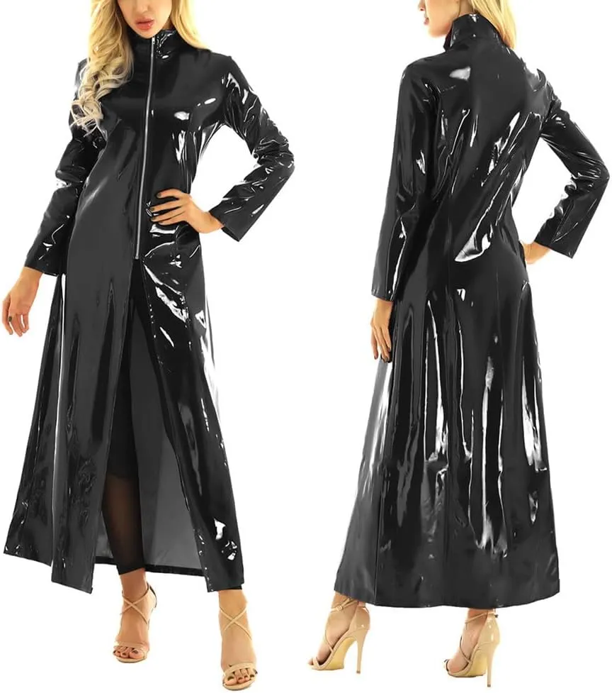 Wvapzxx High Neck PU Leather Windbreaker Women PVC Coat Long Sleeve Jacket Pole Dancing Clubwear Zip Costume