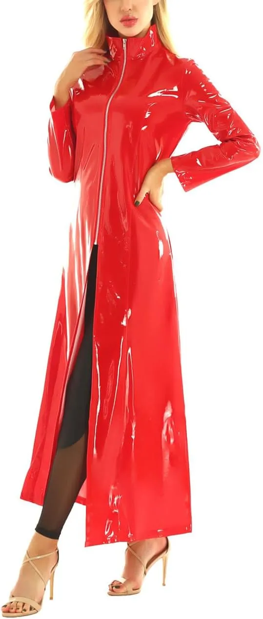 Wvapzxx High Neck PU Leather Windbreaker Women PVC Coat Long Sleeve Jacket Pole Dancing Clubwear Zip Costume