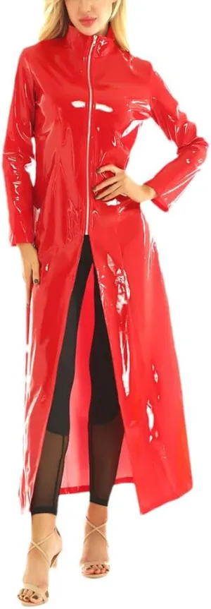 Wvapzxx High Neck PU Leather Windbreaker Women PVC Coat Long Sleeve Jacket Pole Dancing Clubwear Zip Costume
