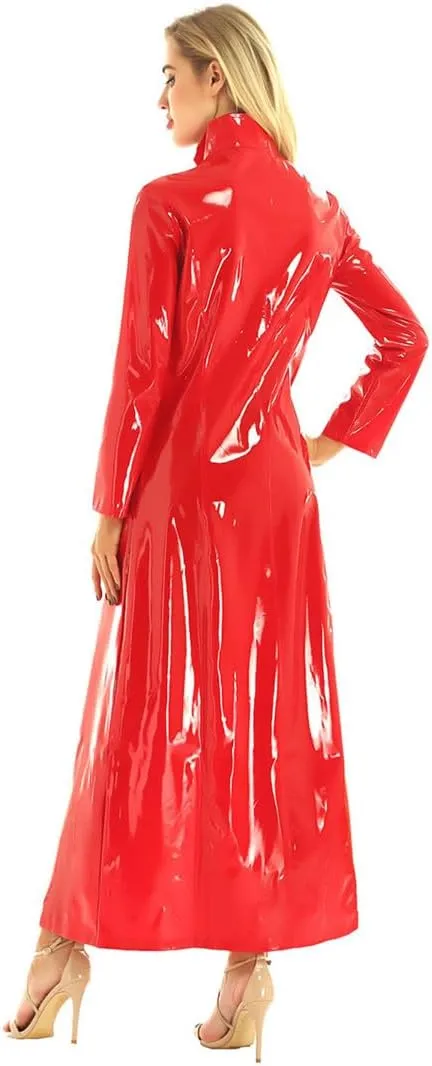 Wvapzxx High Neck PU Leather Windbreaker Women PVC Coat Long Sleeve Jacket Pole Dancing Clubwear Zip Costume