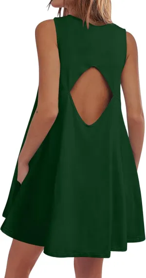 Xiaojmake Womens Summer Dress Casual Swing T Shirt Dresses Cutout Back Tank Sundress Beach Cover up Swimwear Loose Mini Dress