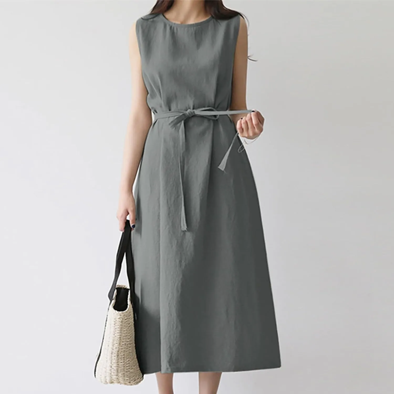 XOWRTE Womens Linen Loose Sleeveless Sundress Comfy Midi Dress Summer Crewneck Tie Waist Solid Beach Tank Dresses for Women
