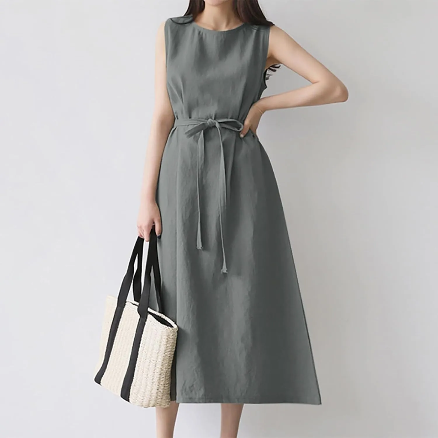XOWRTE Womens Linen Loose Sleeveless Sundress Comfy Midi Dress Summer Crewneck Tie Waist Solid Beach Tank Dresses for Women