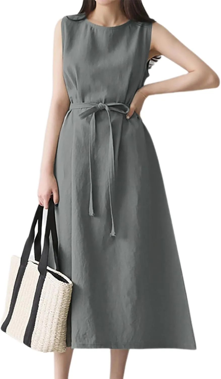 XOWRTE Womens Linen Loose Sleeveless Sundress Comfy Midi Dress Summer Crewneck Tie Waist Solid Beach Tank Dresses for Women