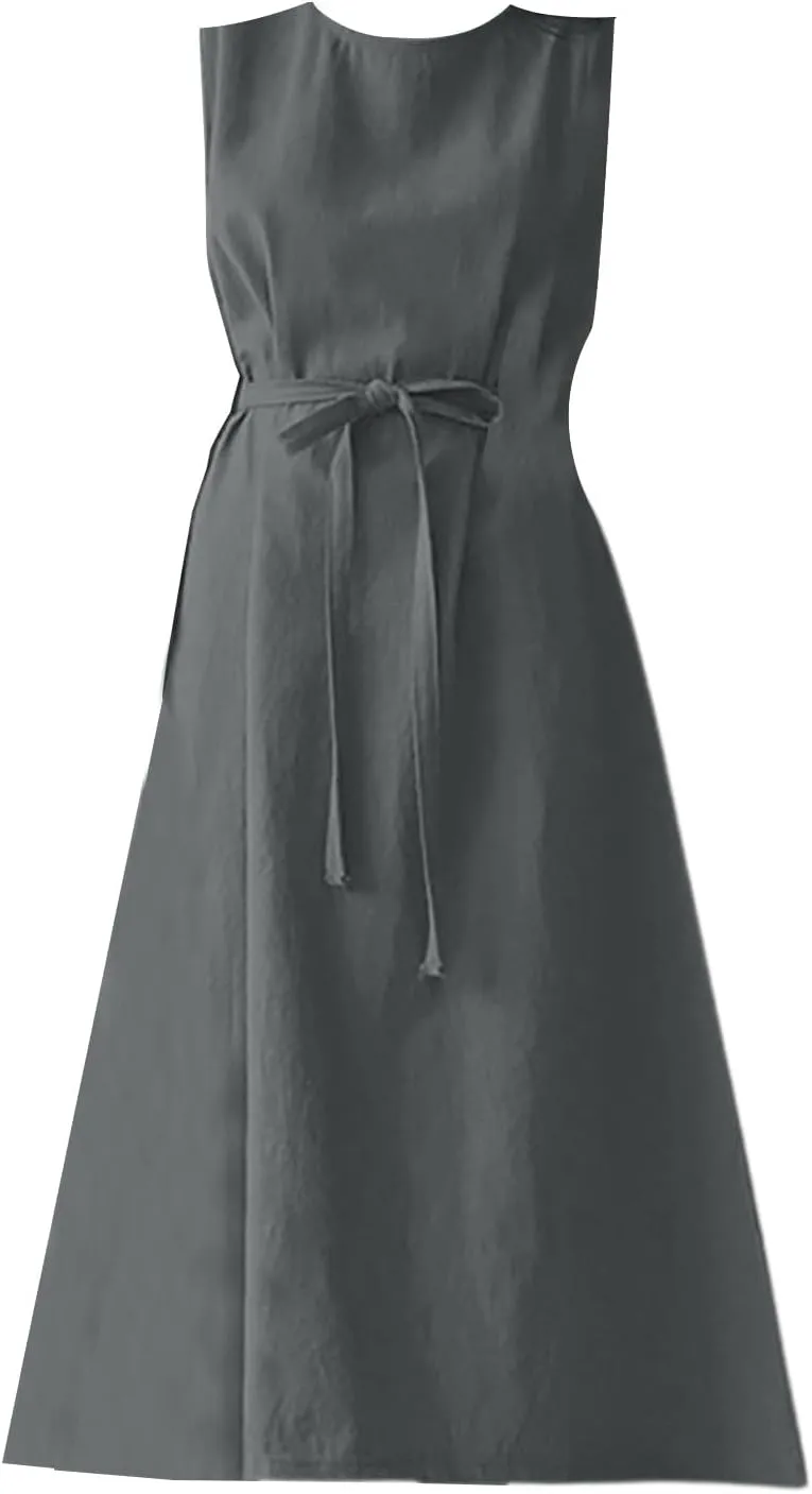 XOWRTE Womens Linen Loose Sleeveless Sundress Comfy Midi Dress Summer Crewneck Tie Waist Solid Beach Tank Dresses for Women
