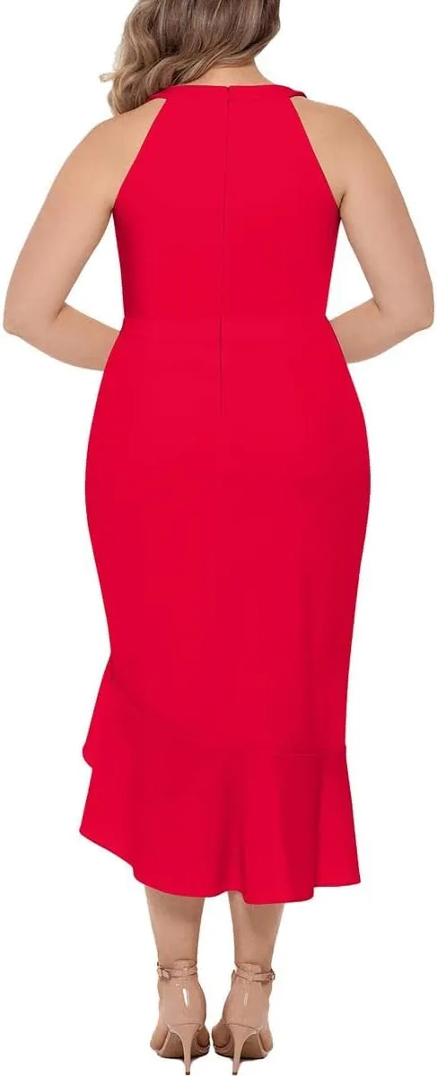 Xscape Womens Stretch Ruffled Zippered Scuba Crepe Tulip Hi-lo Hem Sleeveless Surplice Neckline Midi Party Mermaid Dress
