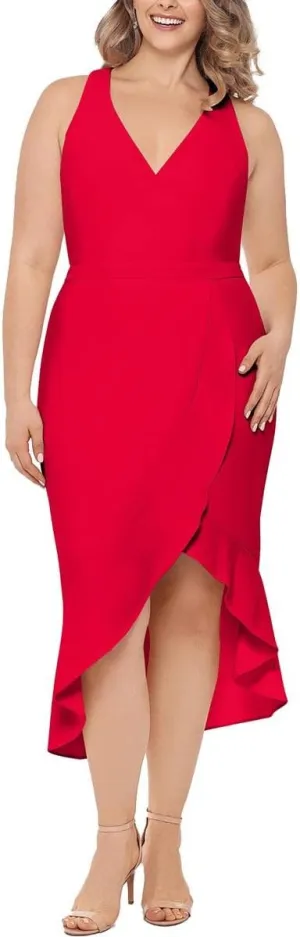 Xscape Womens Stretch Ruffled Zippered Scuba Crepe Tulip Hi-lo Hem Sleeveless Surplice Neckline Midi Party Mermaid Dress