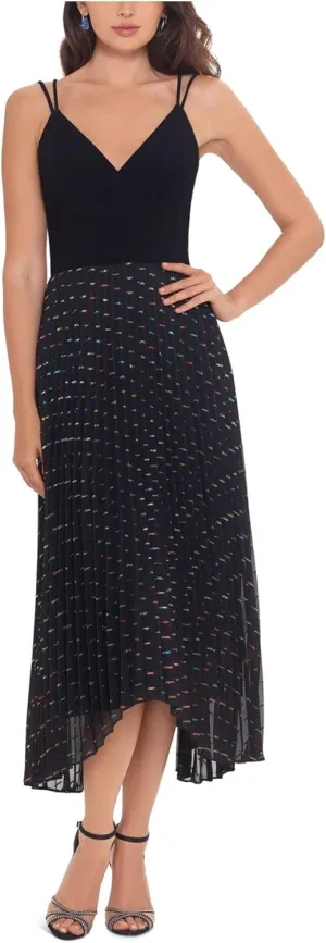 Xscape Womens Zippered Pleated Chiffon Spaghetti Strap V Neck Midi Evening Hi-Lo Dress