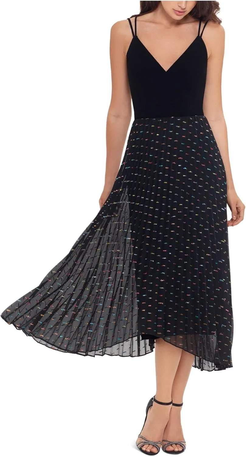 Xscape Womens Zippered Pleated Chiffon Spaghetti Strap V Neck Midi Evening Hi-Lo Dress