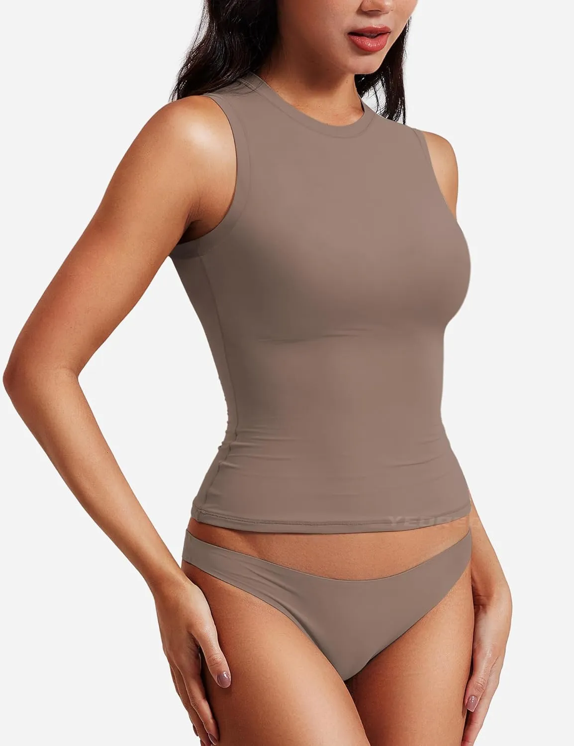 YEOREO Women Basic Mock Neck Workout Crop Top Sleeveless Double Lined Tank Tee Slim Fitted Ruched Going Out Camisole