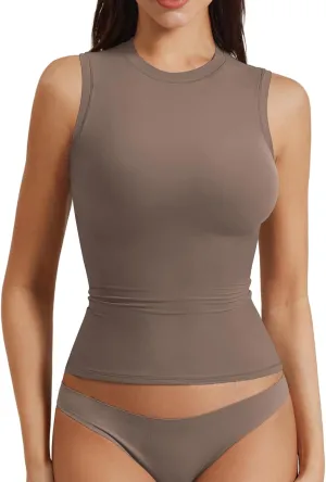 YEOREO Women Basic Mock Neck Workout Crop Top Sleeveless Double Lined Tank Tee Slim Fitted Ruched Going Out Camisole