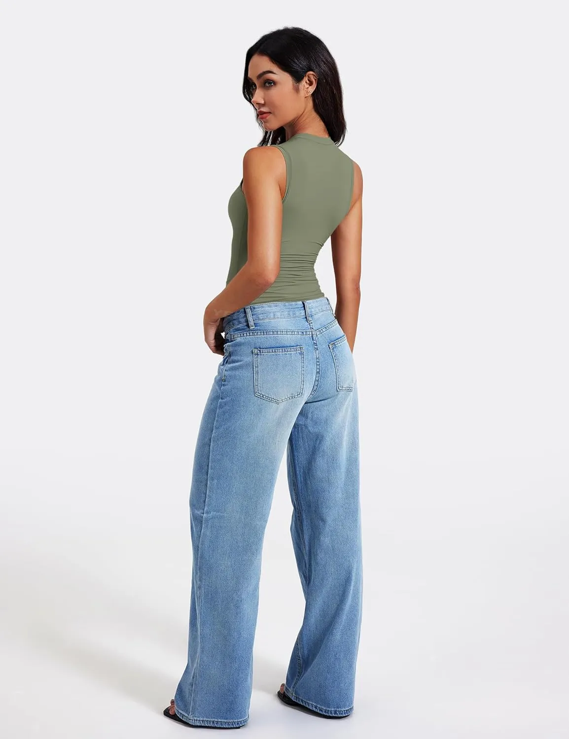 YEOREO Women Basic Mock Neck Workout Crop Top Sleeveless Double Lined Tank Tee Slim Fitted Ruched Going Out Camisole