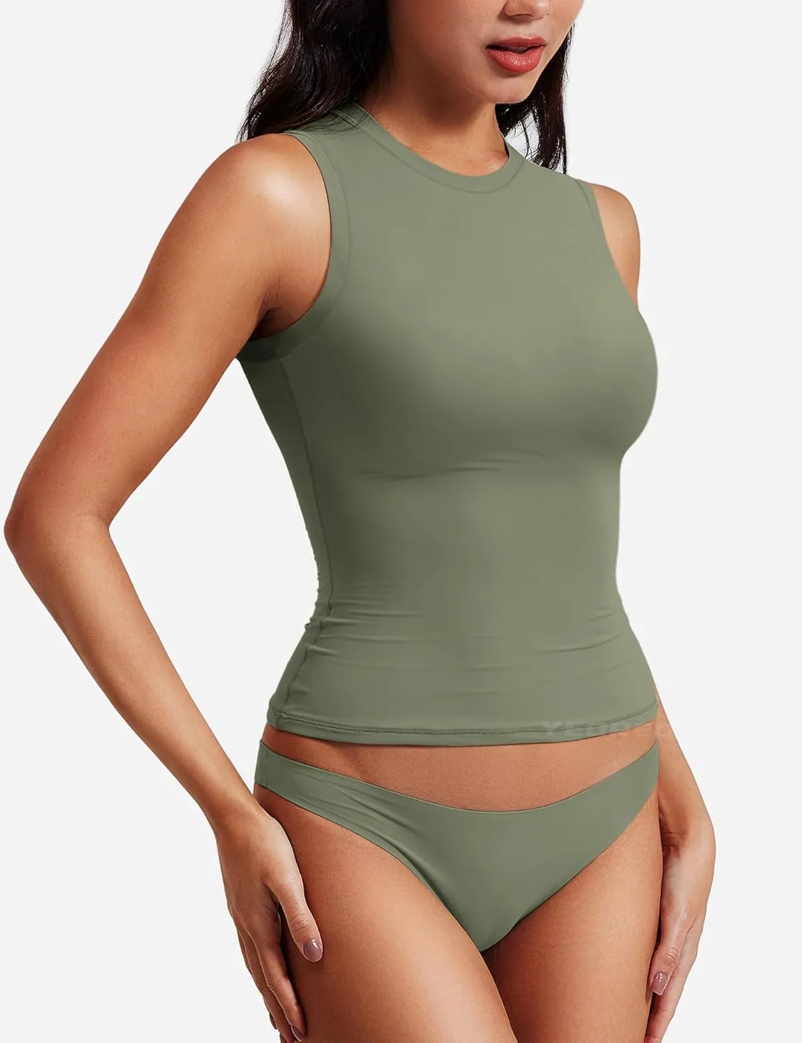 YEOREO Women Basic Mock Neck Workout Crop Top Sleeveless Double Lined Tank Tee Slim Fitted Ruched Going Out Camisole