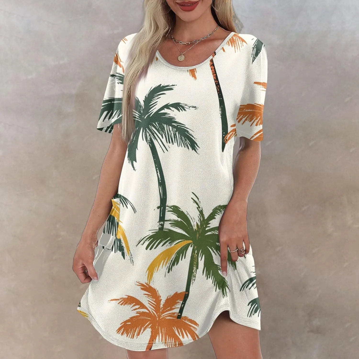 Yesunpxs Summer Dresses for Women 2025 Trendy Print Short Sleeve Sundress Beach Vacation Round Neck Dress Casual Dresses