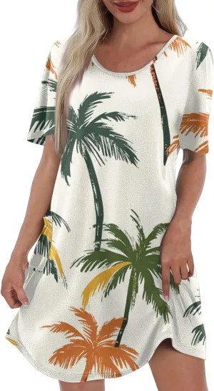 Yesunpxs Summer Dresses for Women 2025 Trendy Print Short Sleeve Sundress Beach Vacation Round Neck Dress Casual Dresses