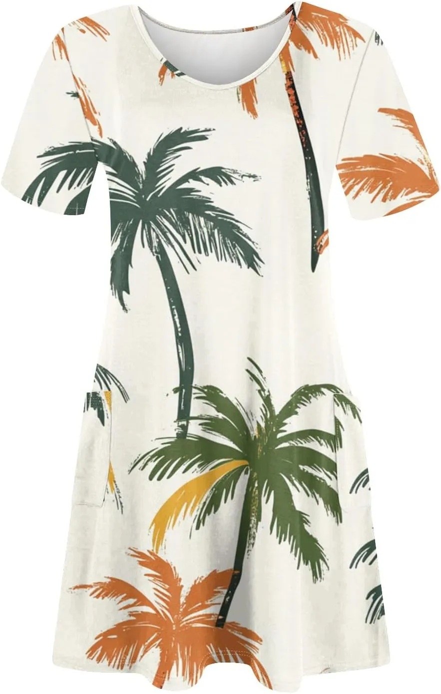 Yesunpxs Summer Dresses for Women 2025 Trendy Print Short Sleeve Sundress Beach Vacation Round Neck Dress Casual Dresses