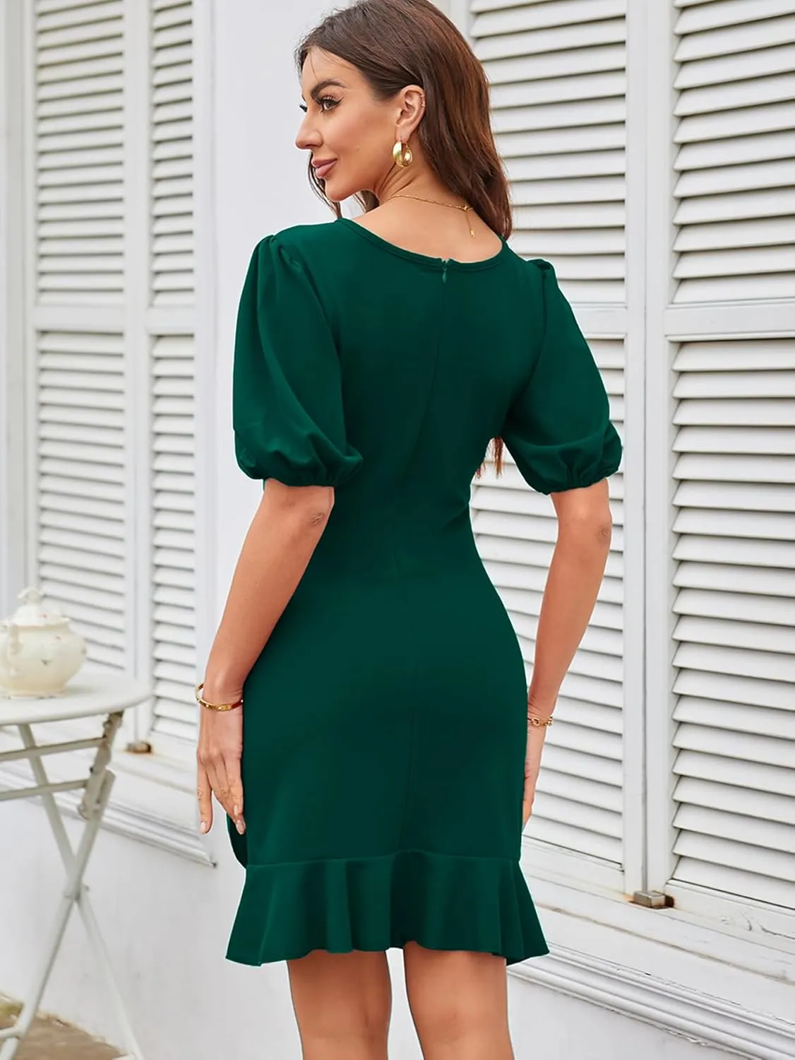 YNIQUE 2024 Women's Summer Dress Short Sleeves Bodycon Mini Dress Ruched Puff Sleeve Ruffle Hem Cocktail Party Dress