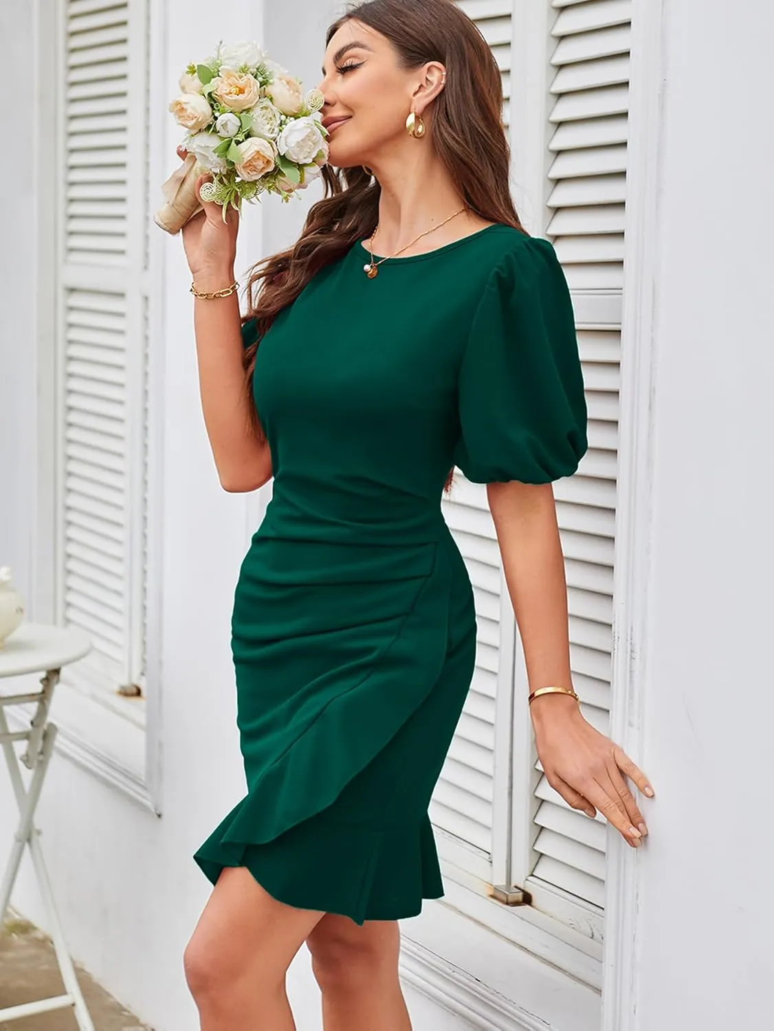 YNIQUE 2024 Women's Summer Dress Short Sleeves Bodycon Mini Dress Ruched Puff Sleeve Ruffle Hem Cocktail Party Dress