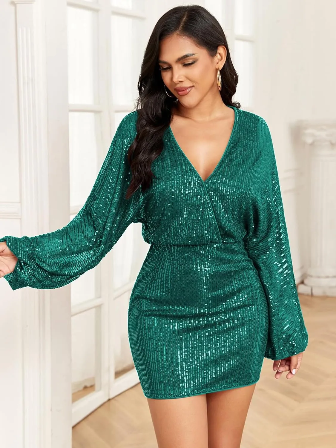 ZAFUL Women's Sequin Saprkly Mini Dress Long Sleeve Homecoming V Neck Bodycon Dress Party Prom Cocktail Glitter Dress