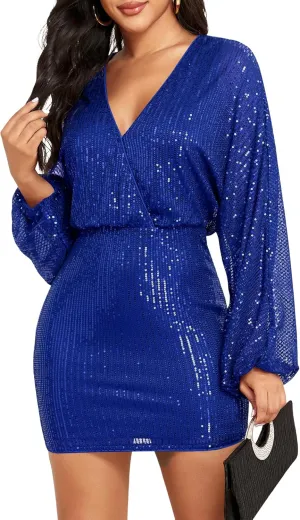 ZAFUL Women's Sequin Saprkly Mini Dress Long Sleeve Homecoming V Neck Bodycon Dress Party Prom Cocktail Glitter Dress