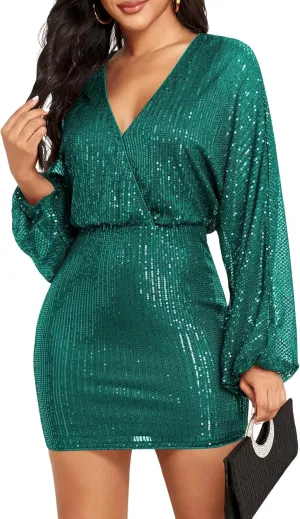 ZAFUL Women's Sequin Saprkly Mini Dress Long Sleeve Homecoming V Neck Bodycon Dress Party Prom Cocktail Glitter Dress