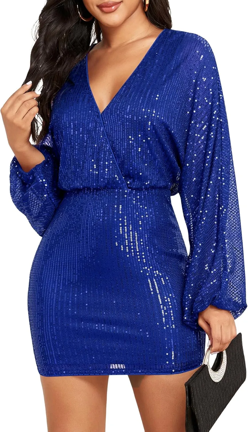ZAFUL Women's Sequin Saprkly Mini Dress Long Sleeve Homecoming V Neck Bodycon Dress Party Prom Cocktail Glitter Dress