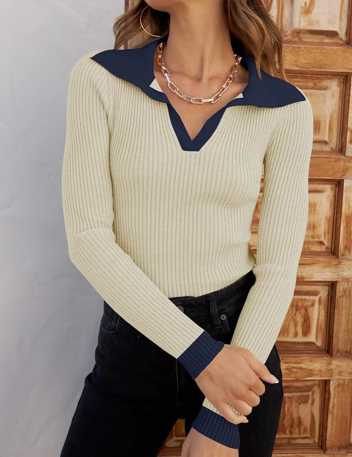 ZESICA Sweaters for Women Spring Long Sleeve V Neck Ribbed Knit Pullover Tops Casual Slim Fit Basic Tee Shirts