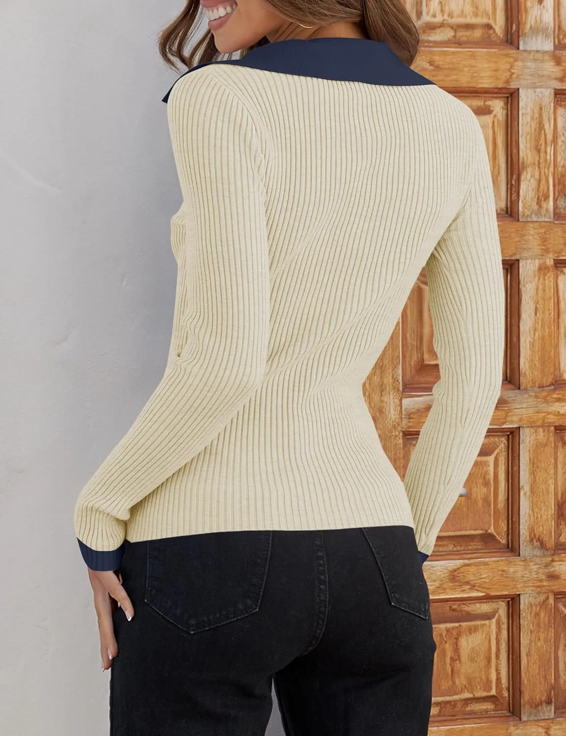 ZESICA Sweaters for Women Spring Long Sleeve V Neck Ribbed Knit Pullover Tops Casual Slim Fit Basic Tee Shirts