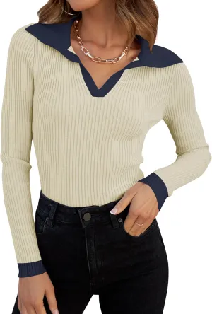 ZESICA Sweaters for Women Spring Long Sleeve V Neck Ribbed Knit Pullover Tops Casual Slim Fit Basic Tee Shirts