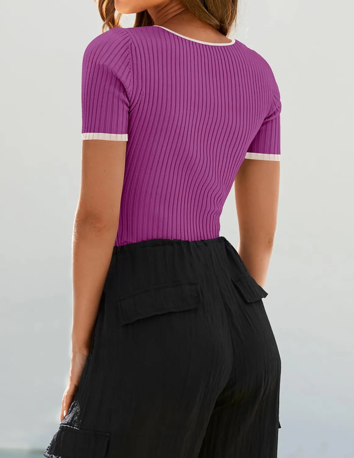 ZESICA Women's Short Sleeve Square Neck Color Block T Shirt 2025 Summer Slim Fit Ribbed Knit Basic Tee Tops
