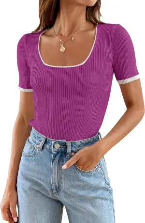 ZESICA Women's Short Sleeve Square Neck Color Block T Shirt 2025 Summer Slim Fit Ribbed Knit Basic Tee Tops