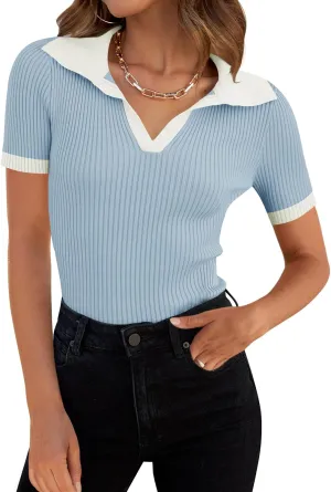 ZESICA Women's Short Sleeve V Neck T Shirts 2025 Summer Ribbed Knit Slim Fitted Basic Solid Color Tee Tops