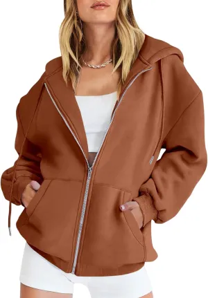 Zip Up Hoodie Women Oversized Long Sleeve Hooded Sweatshirt Jacket Casual Solid Color Hoodies 2024 Fall Outfits