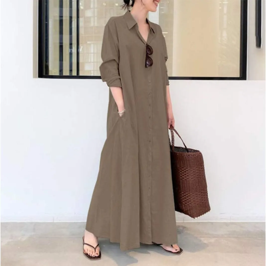 ZOCAVIA Women's Casual Cotton Linen Shirt Dress Polo Neck Long Sleeve Button-End Basic Loose Fit Dress with Pockets