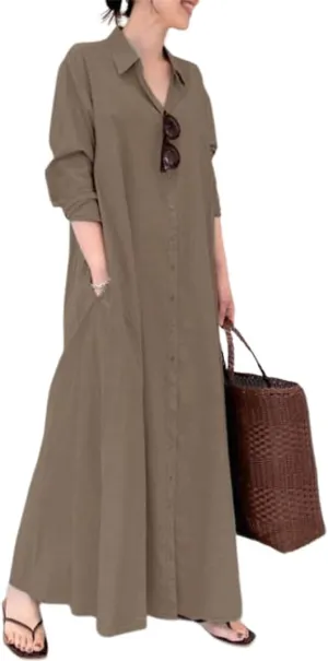 ZOCAVIA Women's Casual Cotton Linen Shirt Dress Polo Neck Long Sleeve Button-End Basic Loose Fit Dress with Pockets