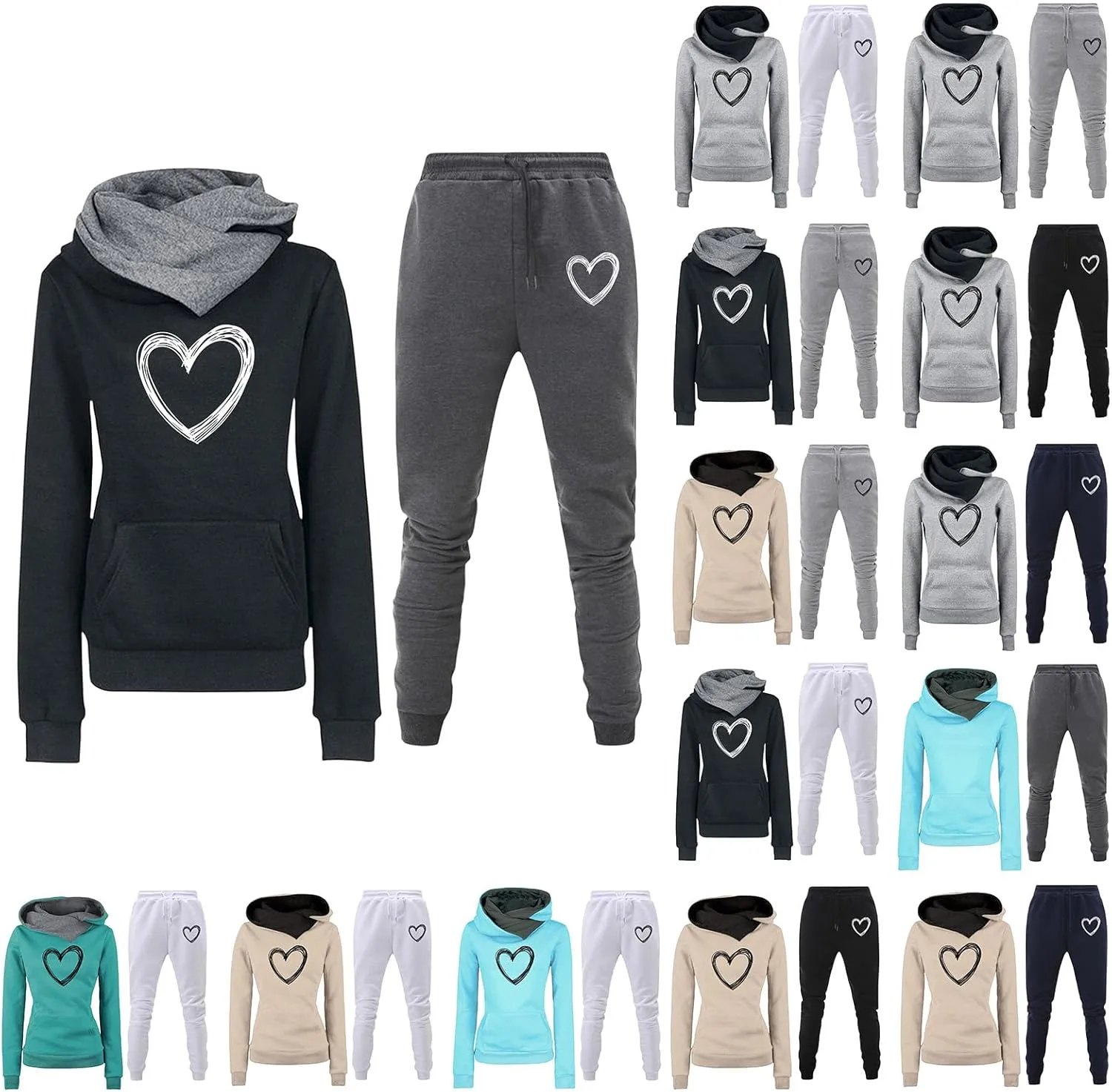 ZWRXW Two Piece Outfit for Women Graphic Hoodies Sweatshirt with Sweatpants Turtleneck Pullover Tracksuit Fall Jogger Set