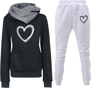 ZWRXW Two Piece Outfit for Women Graphic Hoodies Sweatshirt with Sweatpants Turtleneck Pullover Tracksuit Fall Jogger Set